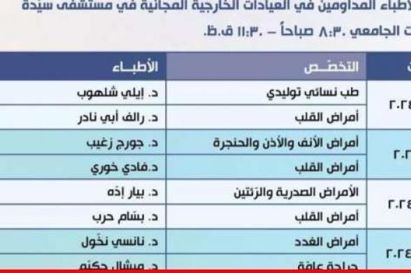 مستشفى سيدة المعونات - جبيل عمم برنامج الأطباء المداومين بالعيادات المجانية لشهر شباط 2024