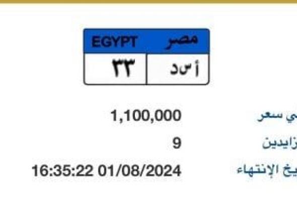 سعر لوحة "أ س د - 33" المميزة يصل مليون و100 ألف جنيه بالمزاد