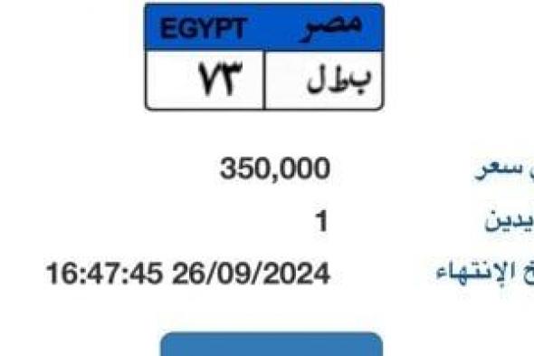 طرح لوحة مميزة تحمل أرقام "ب ط ل- 73” بالمزاد وسعرها يصل 350 ألف جنيه